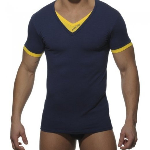 V-Neck Double Effect Shirt - navy/yellow